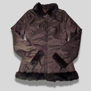 Brown/Burgundy Fur Trimmed Puffer Coat